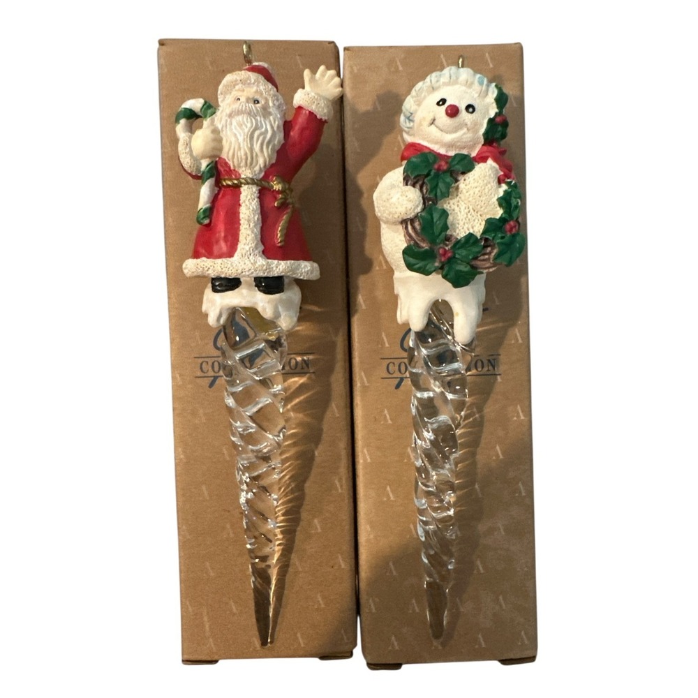 AVON Icicle Fun Ornaments Set of 2 - Vintage 1995 - Snowman & Santa Clear Icicle